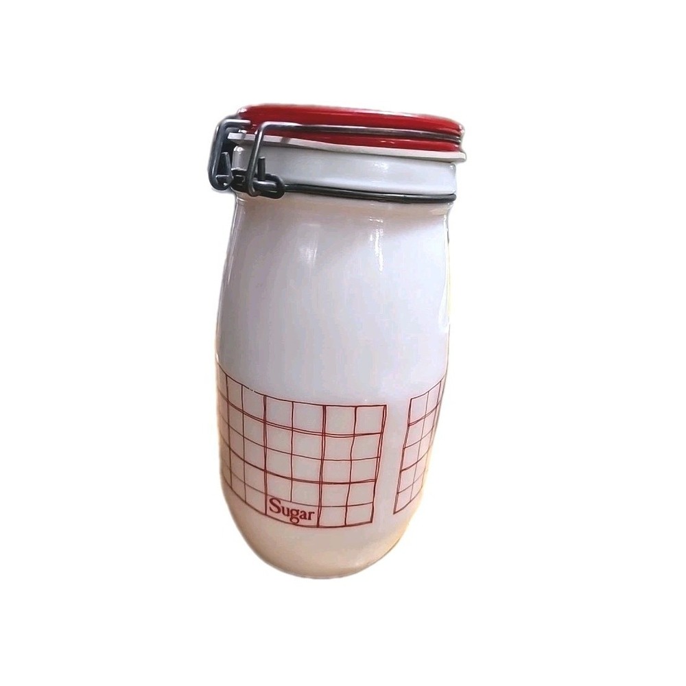 Vintage MCM Deco Wheaton Milk Glass Sugar Canister Red Grid 1.5L Red‎ Lid
